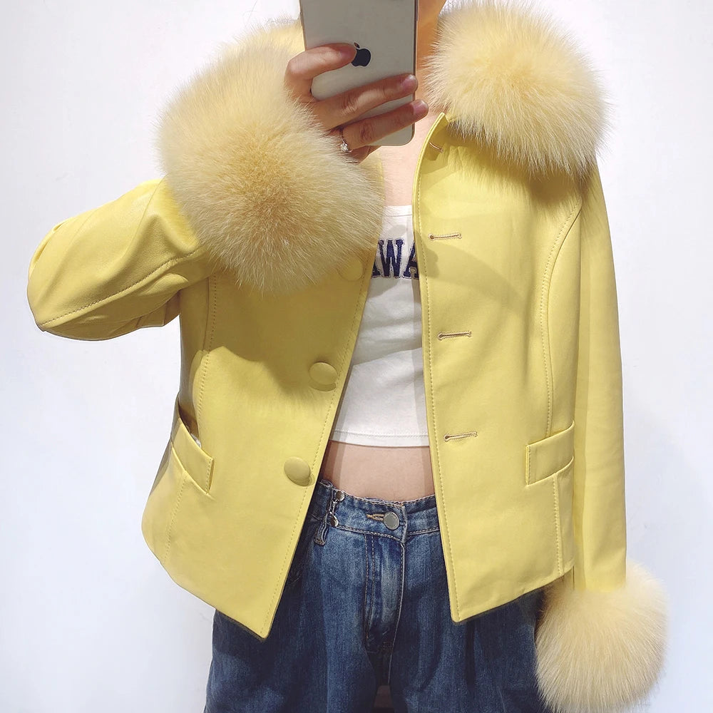 YOLOAgain Women's Mongolia Sheep Fur Collar Real Leather Jacket Single Breasted