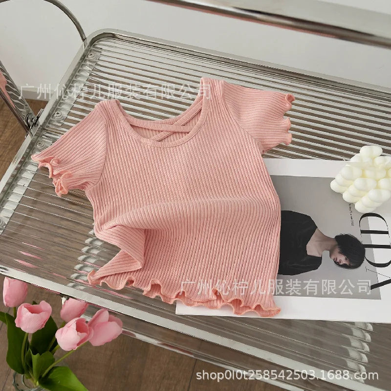 Summer Girls T-Shirt Kids Short Sleeved Thin Soft Tops Simple Solid Color Casual Children Clothing 2-6 Years Sweet Shirtthing