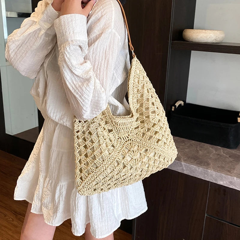 Women Weaving Clutches Top-handle Bag Large  Portable Shoulder Bag Summer Beach Purses Shopper Satchel Female Tote Bags