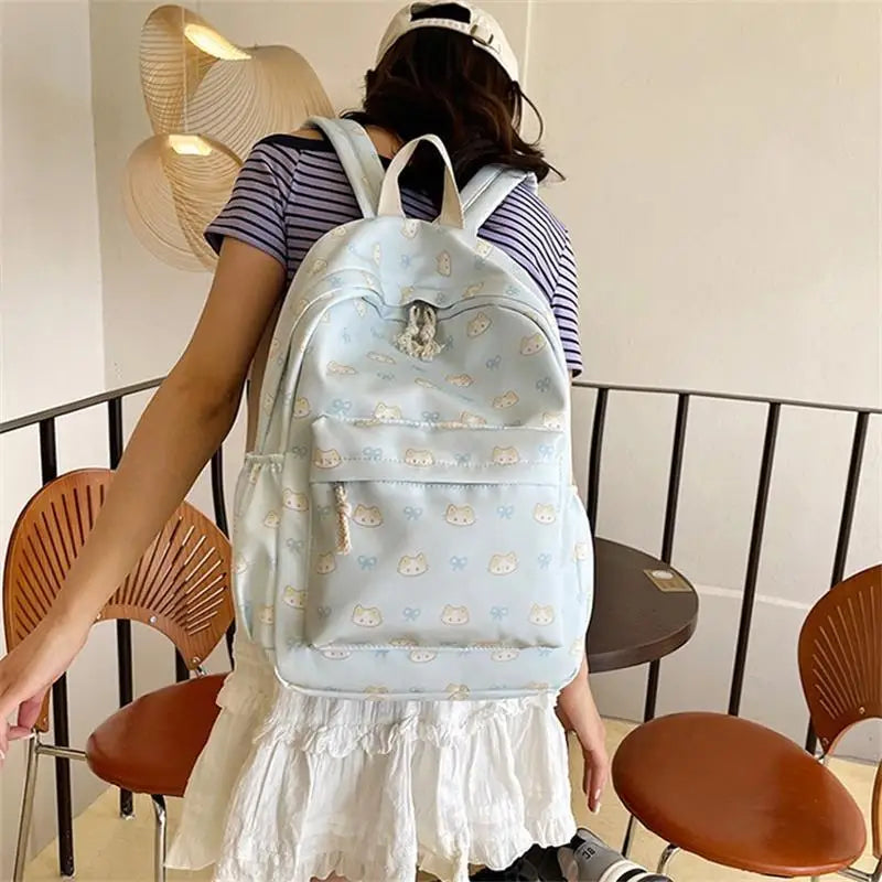 Cute Cartoon Cat Printed Backpack Large Capacity Student Schoolbag Fashion Delicate Trendy Girly Bag Portable Travel Bags Gifts