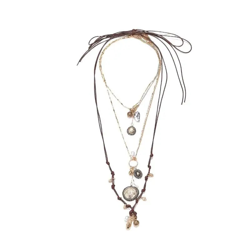 Stylish Women's Bohemian Necklace with Round Coin Badge Pendant; Multi-layer Rope Chain Party Accessory.