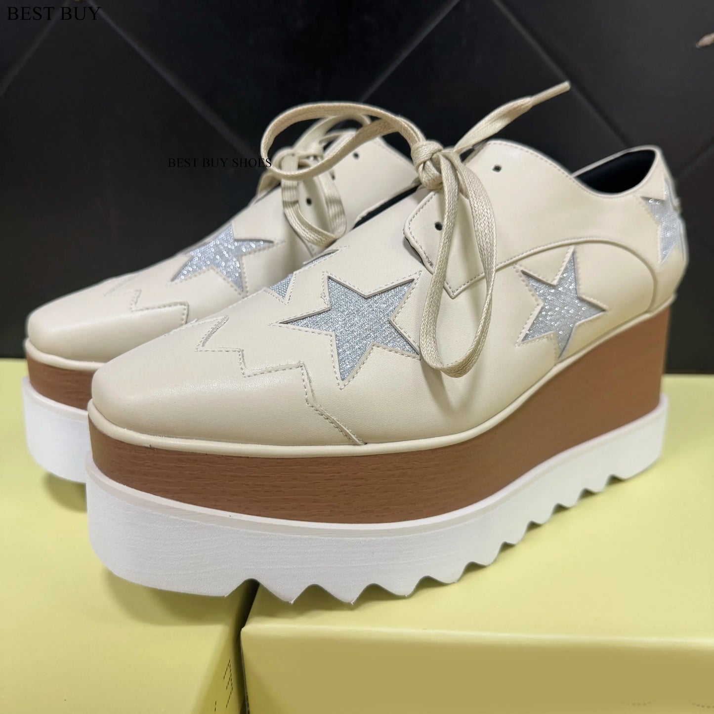 Women Fashion patent Stars high Loafers Shoes Lady Square Toe lace-up Thick Bottom Platform Wedge Shoes For Women sneakers