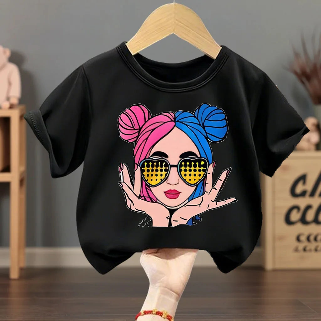 Summer Girls Casual T Shirts Fashion Printed Children's Short Sleeve Tops Kids Breathable Comfy Outdoor Tee Black Pink White