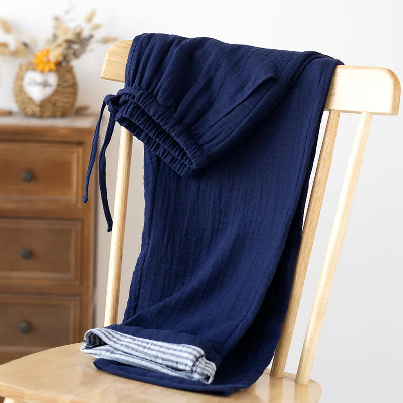 Men's and Women's Pajama Pants Yarn-dyed Pure Cotton Home Pants Casual Loose Thin Solid Color Lounge Wear Elastic Waist Bottoms
