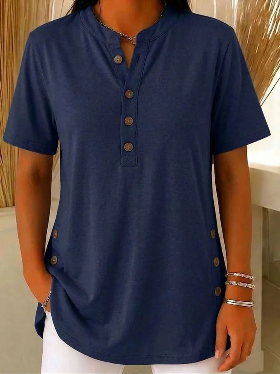 Summer Short Sleeve Loose Tops For Women Summer 2026 Fashion Solid Color V-neck Button T-shirts Tees Casual