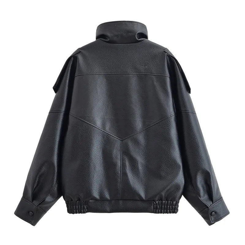 Loose Design Women's Leather Jaet ort Outerwear Warmth Ladies Faion Autumn New Sle Zipper Closure No Hat