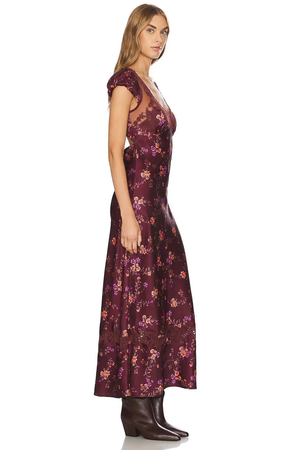 Luxurious Silk Satin Long Dress Elegant Puff Sleeve Polka Dot Floral Gown Sexy Open Back Midi Dresses for Evening Cocktail