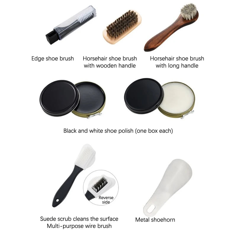 HorseHair Shoe Brush Set Leather Care Cleaning Polishing Tools Cleaner Shoehorn White Shoes Maintenance Kit Soft Wood Washing