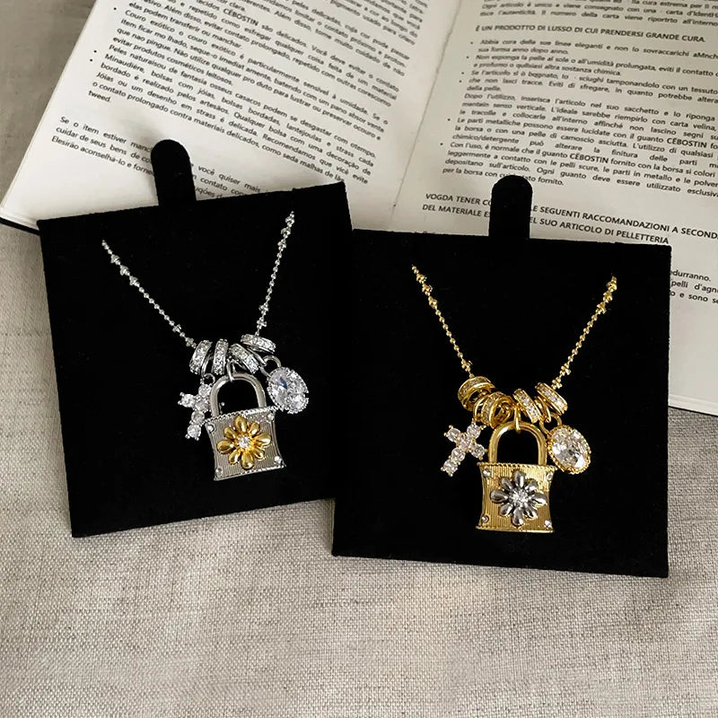 Lace craft running ring cross pendant lock bag necklace luxury premium feel collarbone chain niche new sweater chain