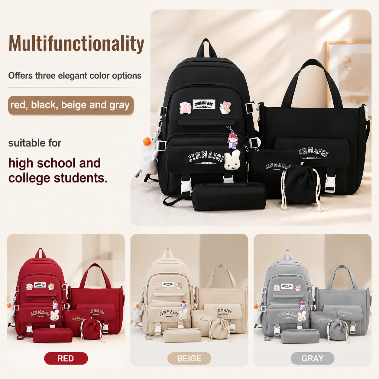 Solid Colored Teenager'S Backpack Set, Large Capacity Double Shoulder Bag, Easy Handbag And Coin Purse, Casual Crossbody Bag etc