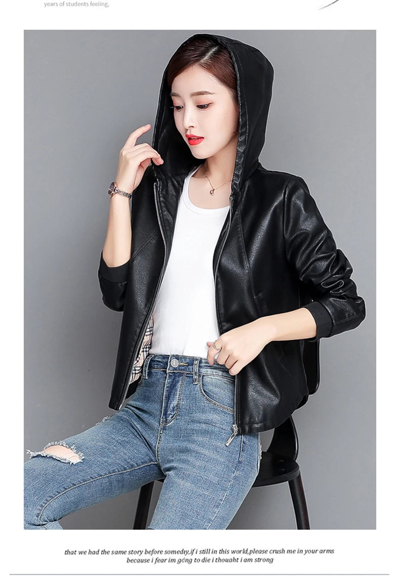 New Women Casual Leather Jacket Spring Autumn Fashion Hooded Zipper Split Leather Loose Outerwear Short Sheepskin Tops Coat