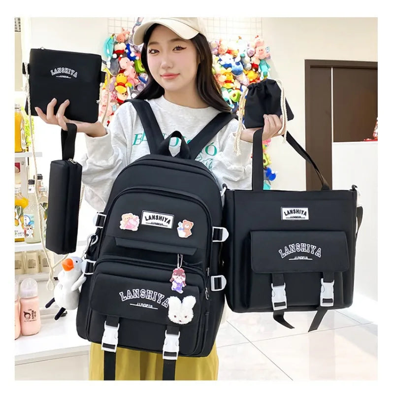Solid Colored Teenager'S Backpack Set, Large Capacity Double Shoulder Bag, Easy Handbag And Coin Purse, Casual Crossbody Bag etc