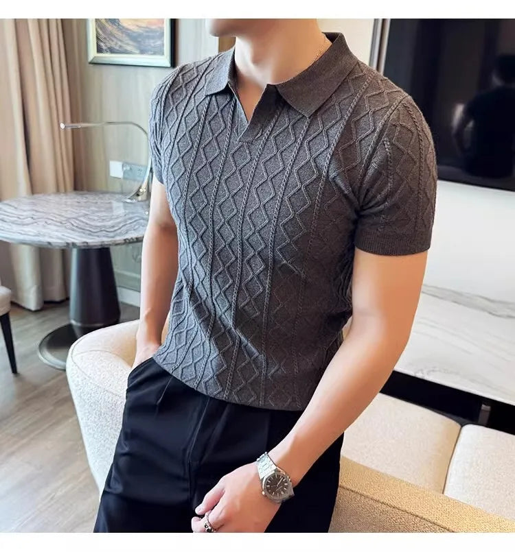 Polo Style Sweaters for Men Summer New Slim Fit Short Sleeve Business Casual T-shirts Male Solid Turn Down Collar Knitwear Tops