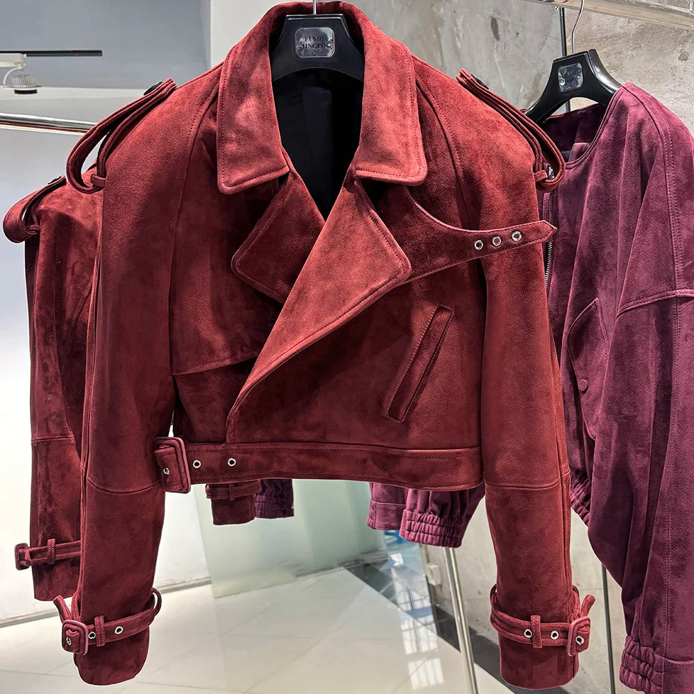 YOLOAgain Wide Shoulder Real Leather Jacket Women Oversized Genuine Leather Cropped Jacket