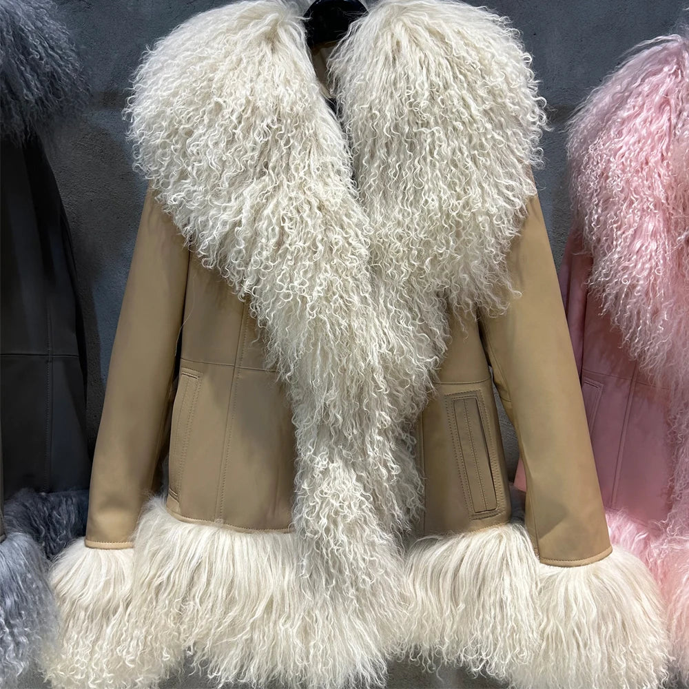 Black Suede Mongolian Sheep Fur Coat Women Fur Jacket with Long Sleeve New arrival Winter Real Fur Coat