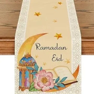Lantern Star Moon Ramadan Table Runner, Eid Kitchen Dining Table Decoration, Home Party Decor, Seasonal, 13x72 Inch