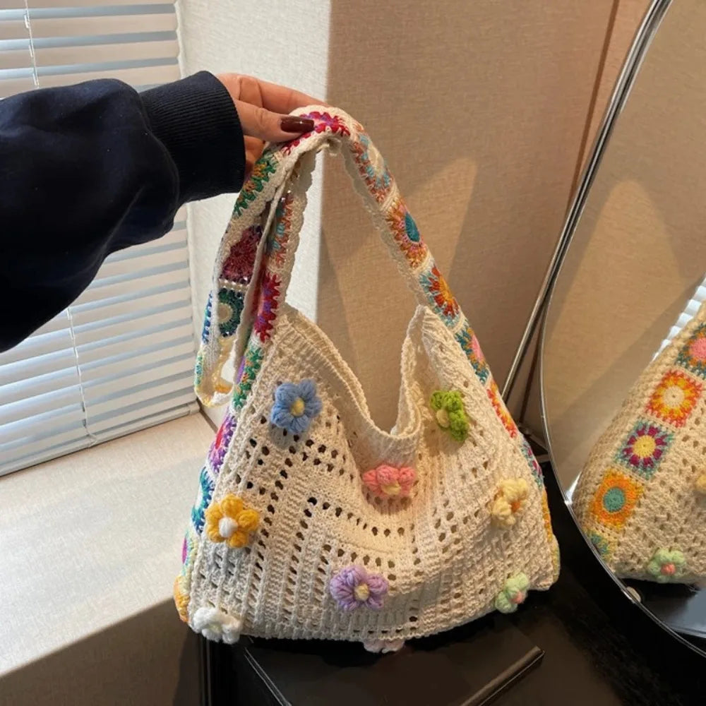 Fashion Large Capacity Women Shoulder Bag Floral Crochet Vintage Handbag Boho Hollow Out Knitted Crossbody Bags