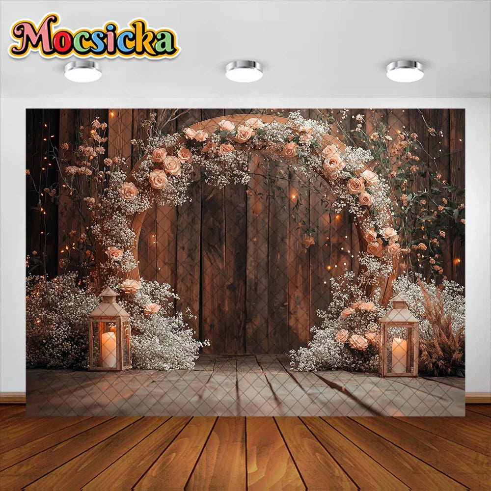 Wedding Theme Photography Background Round Wreath Wooden Wall Decoration Couple Wedding Scene Supplies Backdrop Studio Props