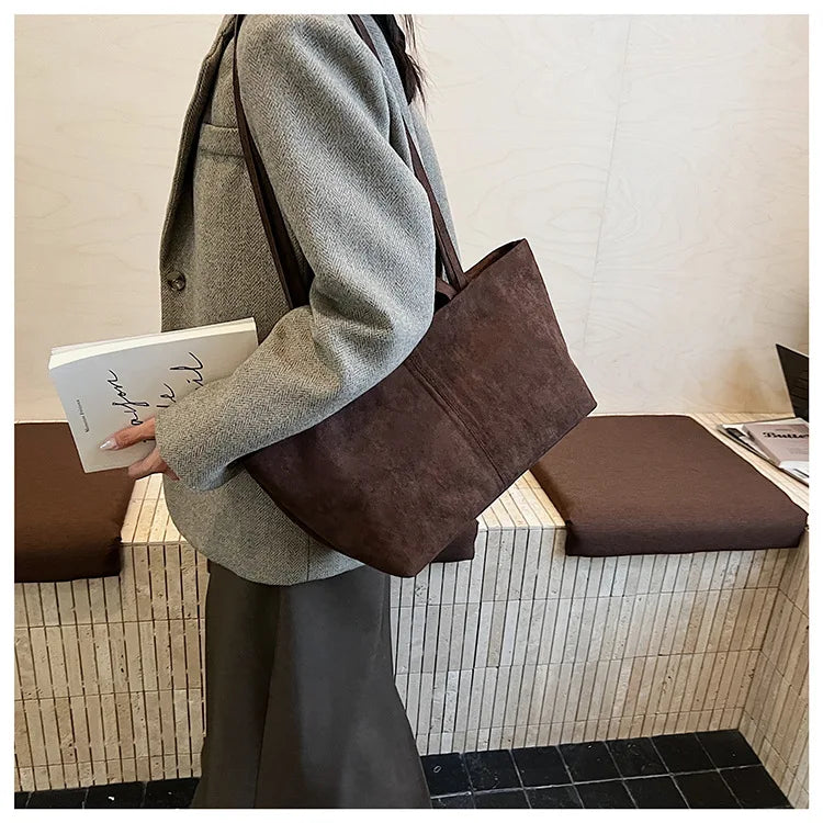Large Capacity Tote Women Bag Retro Faux Suede Shoulder Bag Quitting Designer Bags for Women Handbag Commuting Shopper Purses