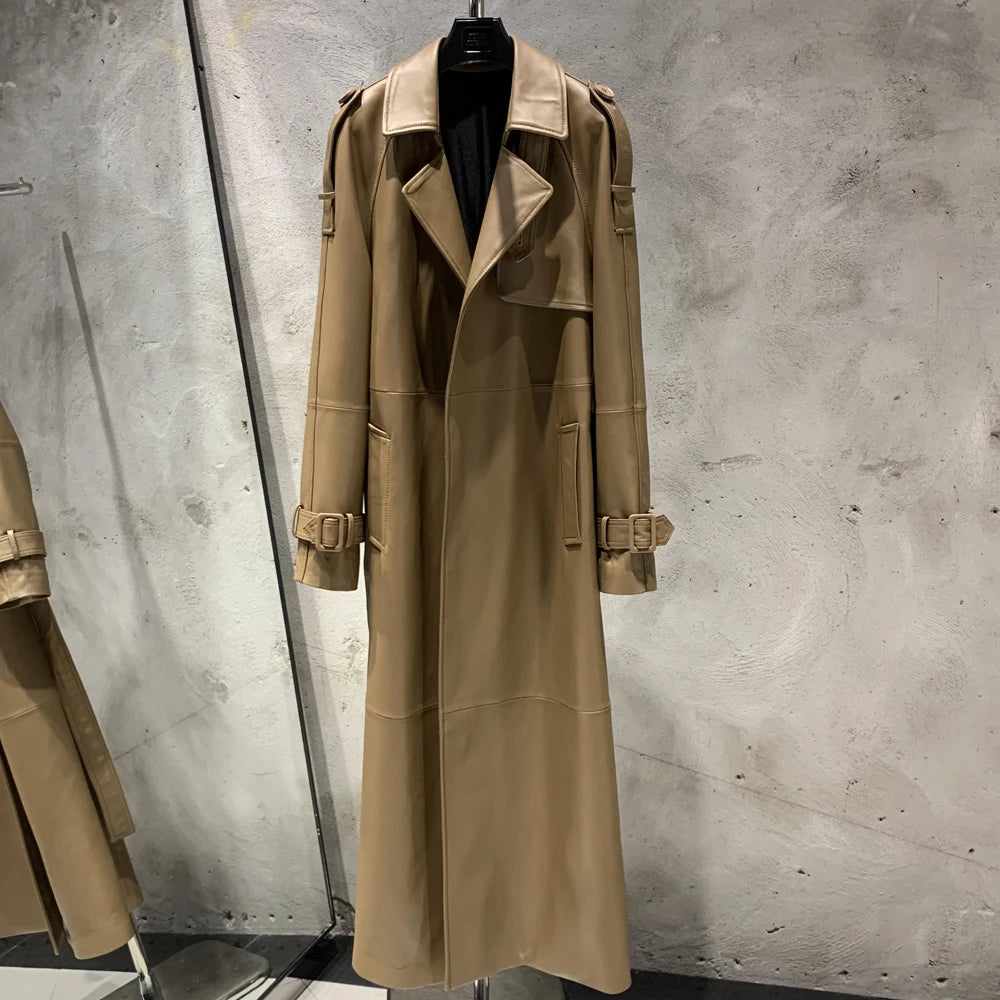 Gold Leather Coat Long Ladies Real Sheepskin Coat Genuine Sheep Leather Windbreak Long 21018