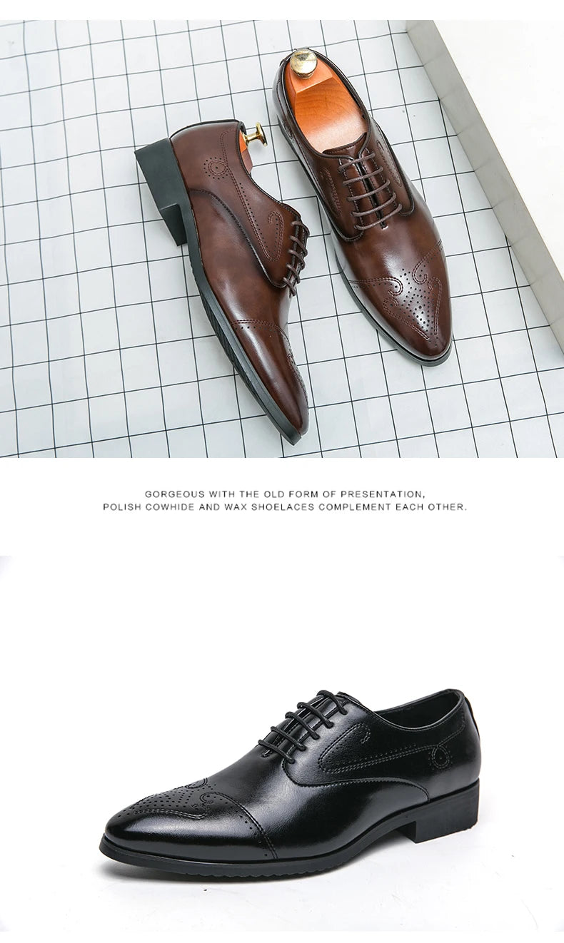 Formal Brogues Shoes Men Classic Social Casual Business Shoes Man Wedding Men's Dress Shoes Party Pointy Toe Leather Shoes Male