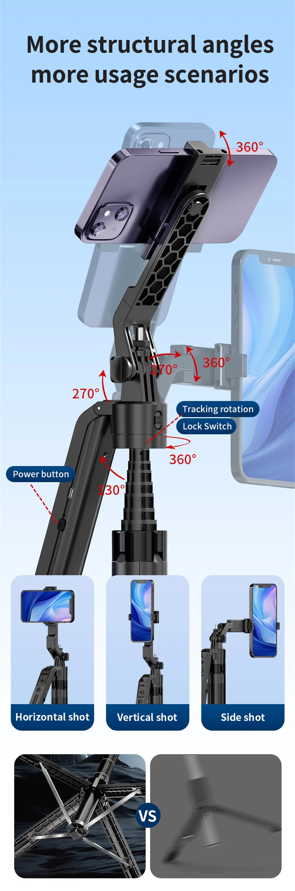 Gimbal Stabilizer With Bluetooth Remote 5 in 1 Smartphone Selfie Stick Intelligent AI Follow-Up Anti Shake Pan Tilt Tripod