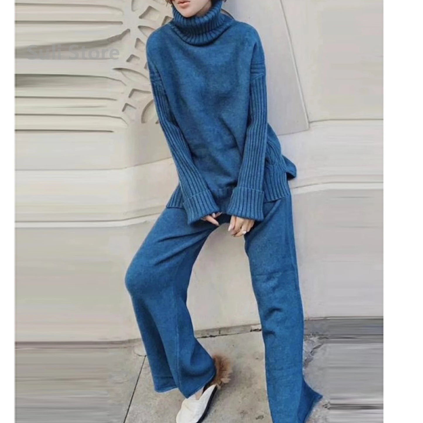 Wool 2023 Autumn and Winter New Loose Turtleneck Sweater Suit Female Western Style Fashion Wide Leg Pants Two-Piece Set Female