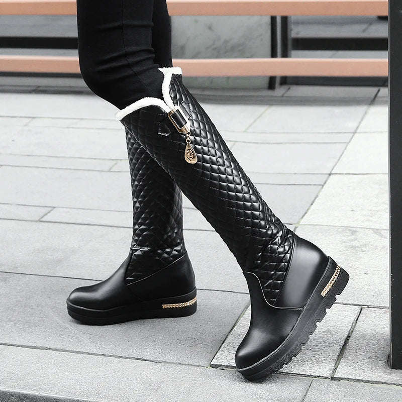 Raised Checkerboard With Metal Square Buckle Warmth Plush Lining Women's Snow Boots Flat Bottoms Elevated Knee Length Boots