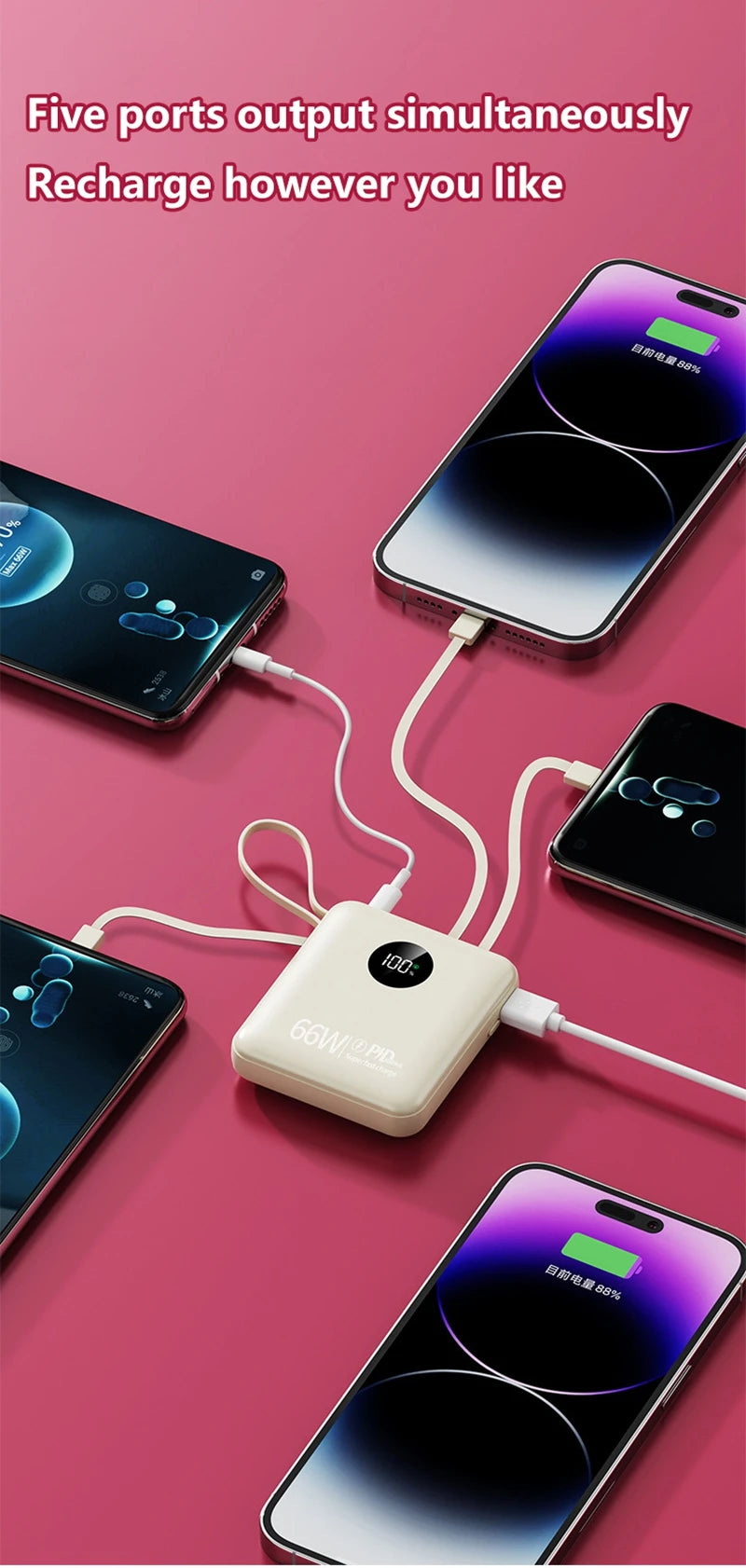 50000mAh PowerBank 66W Super Fast Charging with Cable Large Capacity Compact Portable Mini Shared Four Wire Mobile Power Bank