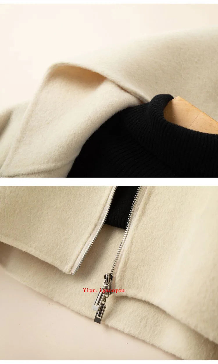 Elegant Woolen Coat Woman 2025 Winter New Fashion Pink Hooded Short Zipper Double-Sided Wool Jacket Ladies Slim Outerwear B810