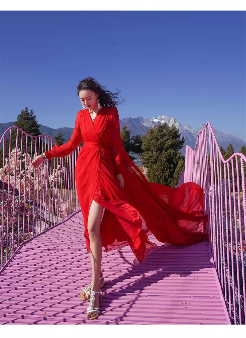 Spring/Summer Silk Dress with Charm Seaside Vacation Beach Dress Red Extra Long Tailed Long Dress White Elegant Graceful XQ26