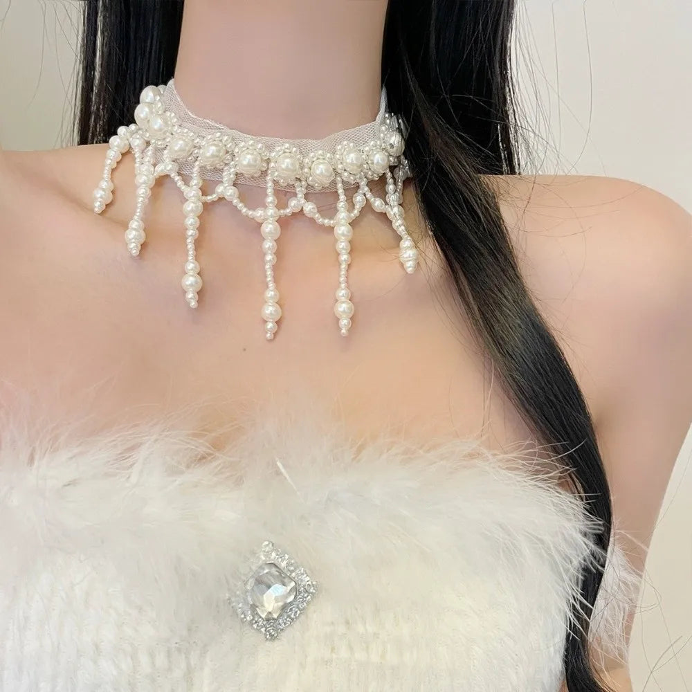 Neck Pendant White Pearl Lace Choker Alloy Creative Tassel Beads Necklace French Style Collarbone Chain Mesh Neck Jewelry Women