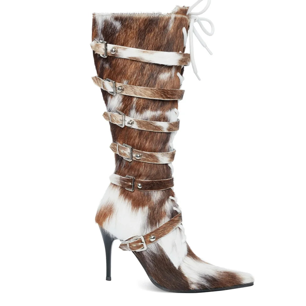 Horsehair Metal Rivet Buckle Betl Long Boots Thick Heel Sexy Pointed Toe Zipper New Arrivals Fashion Women Modern Boots