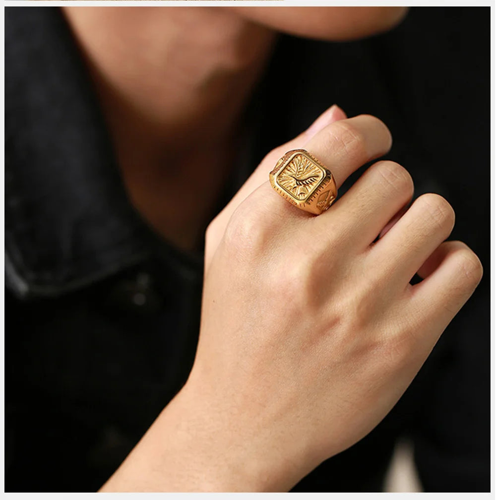 Bald Eagle Signet Ring For Men Gold Plated Bird Stamp Bird Rings Stainless Steel Hawk Band Jewelry