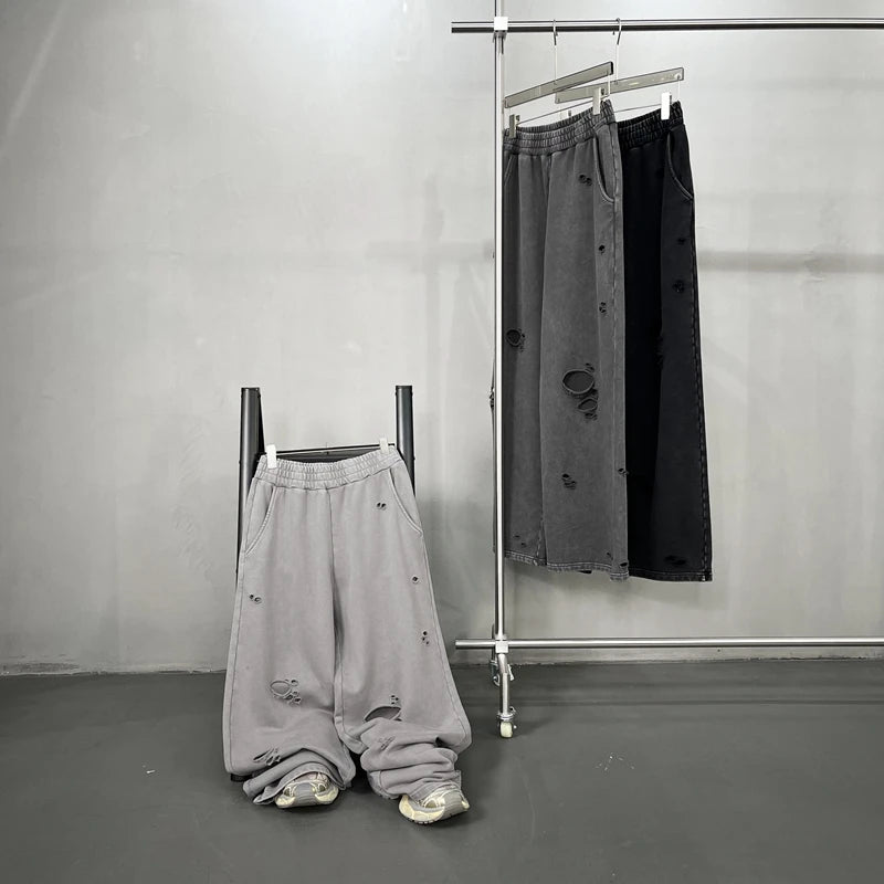 2025 Autumn/Winter Acid Wash Sweat Pants Athletic Joggers Hip Hop Raw Edges Cut Crush Distressed Frayed Wide Leg Sweatpants