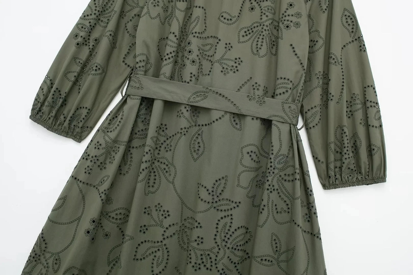 HH Spring Women's Vintage Solid Shirt Dress Puff Sleeve Short Dress V-Neck Female Hollow Embroidery Casual Belt Dresses