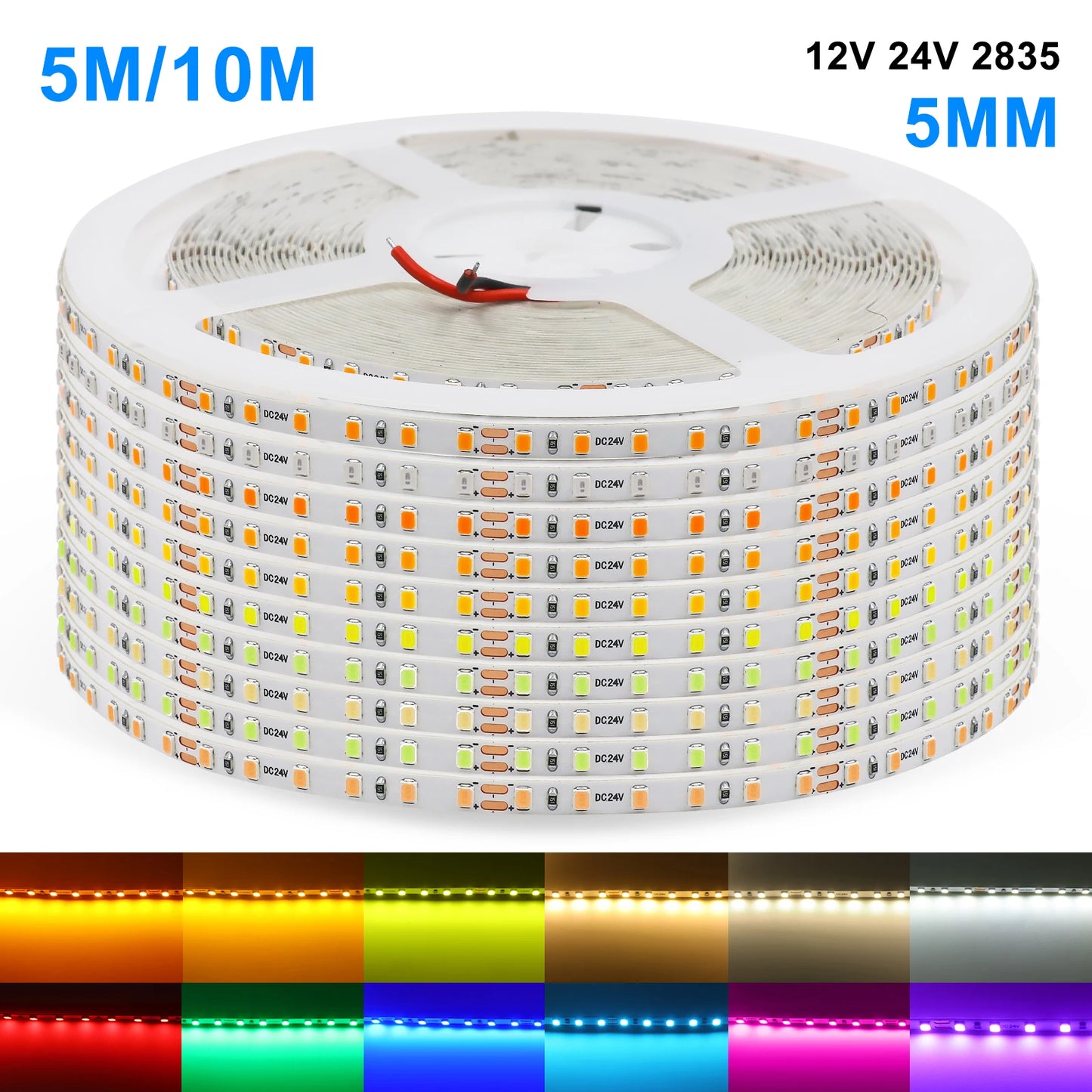 LED Strip 5mm 12V 24V 120LEDs/m Warm White Yellow Red Green Ice Blue Pink Purple Not Waterproof Flexible Tape for DIY Room Decor