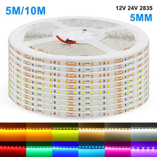 LED Strip 5mm 12V 24V 120LEDs/m Warm White Yellow Red Green Ice Blue Pink Purple Not Waterproof Flexible Tape for DIY Room Decor