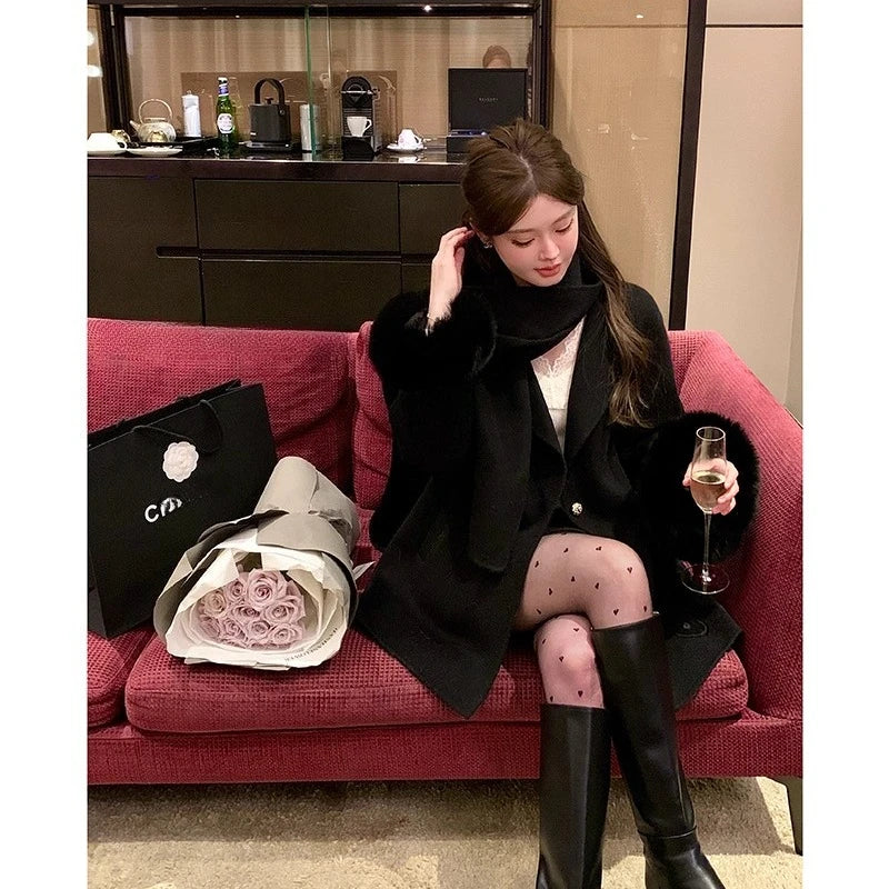 Elegant Wool Coat Warm Women Double Faced Luxury Real Fox Fur Sleeves 100 Wool Scarf Autumn Winter 2025 New Fashion Trench Coat