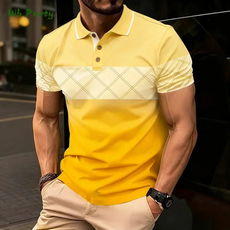 Summer men's polo men's casual short-sleeved polo shirt with striped color block design, sporty polo style collar polo shirt for