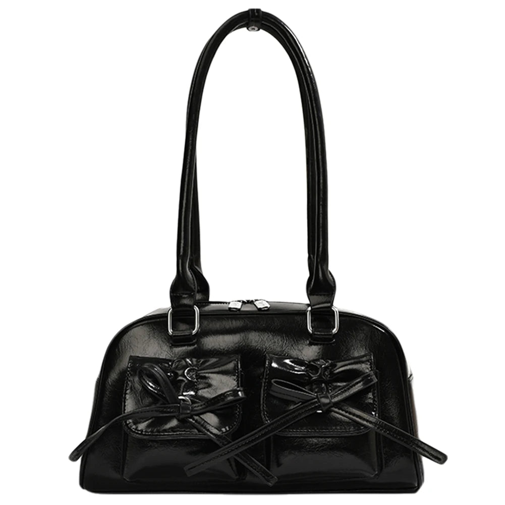 Women Trendy Handbags Double Pockets PU Leather Fashion Shoulder Bag with Bow Stylish Underarm Bag Solid Color for Outdoor Party