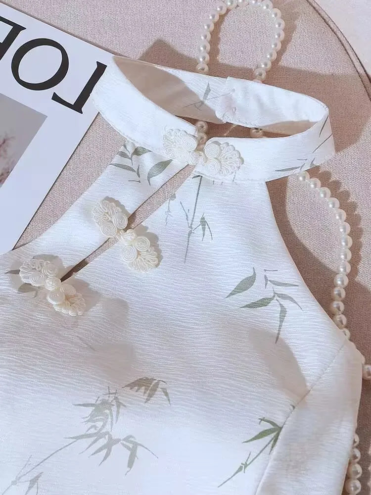 Summer Elegant Vintage Woman Clothing Print Halter Sleeveless Design Camis Tops Retro New Fashion Female Button Casual Chic Tops