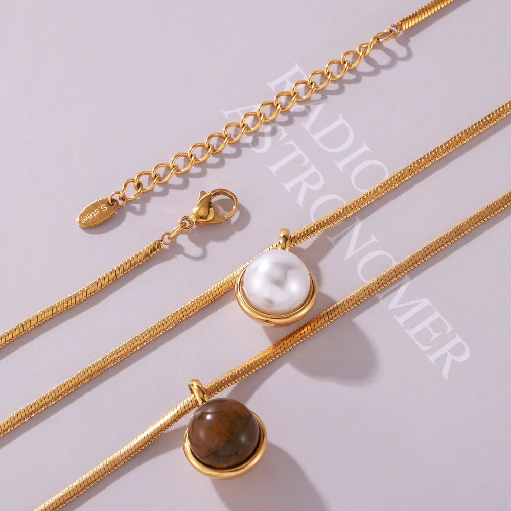 Women's Necklace with Retro Style Pearl Natural Stone Pendant Titanium Steel Lock Chain Fashionable Jewelry Accessories