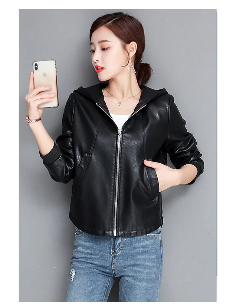 New Women Casual Leather Jacket Spring Autumn Fashion Hooded Zipper Split Leather Loose Outerwear Short Sheepskin Tops Coat