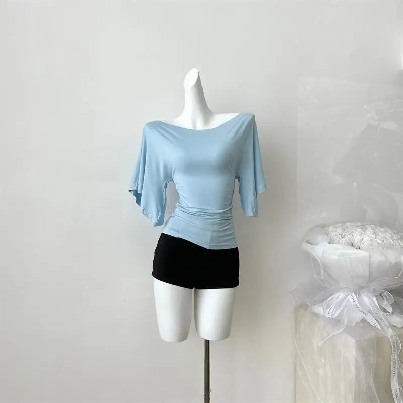 Women's Summer High Stretch Slash Neck Flare Sleeve Slim T Shirt Lady Sexy Pleated Slim Solid Color Pullover Tee Top