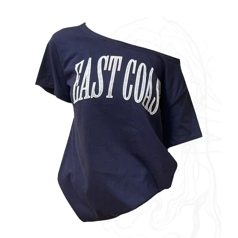EOTVOTEE Sexy T-Shirts for Women Diagonal Collar Short Sleeve Casual Tops Spring 2025 New Fashion Female Letter Printed T-Shirts