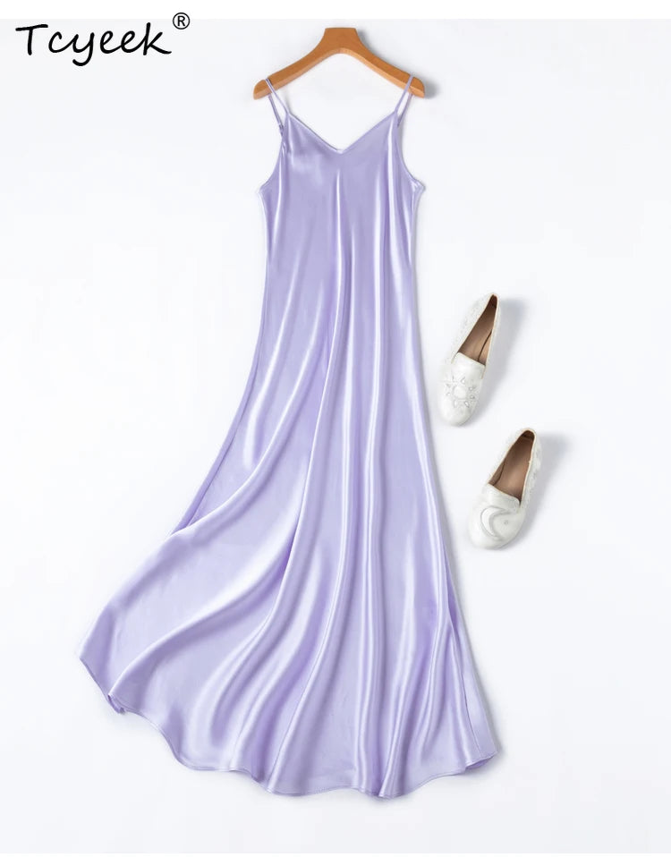 Tcyeek 100% Natural Mulberry Silk Long Dress 21MM Real Silk Summer Dresses for Women 2026 Elegant Dresses Womens Clothing Платье