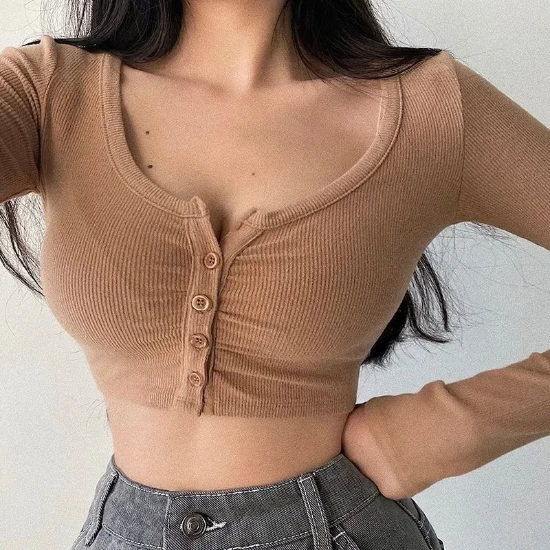 Summer Sexy Women Crop Tops Long Sleeve Tee Shirt Clubwear Buttons Solid T Shirt Women Black White Slim Tops