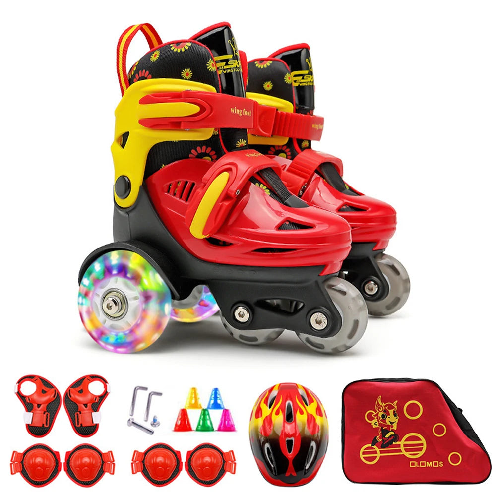 Flash Skating Shoes Kids Beginner Roller Skating Shoes Set Children Skates with Kneepad Elbow Pads Helmet Barrier Backpack Rolle