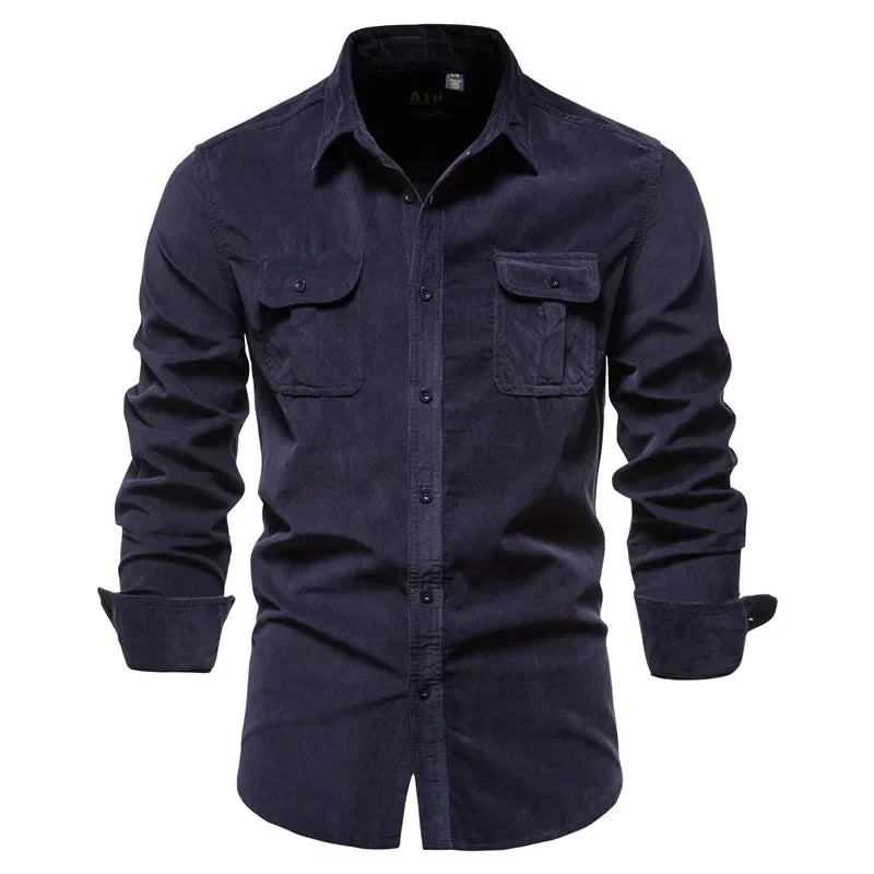 New Single Breasted 100% Cotton Men's Shirt Business Casual Fashion Solid Color Corduroy Men Shirts Autumn Slim Shirt Men